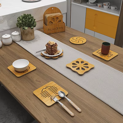 Wooden Kitchen Table Setting With Decorative Yellow Heat Resistant Mats Bowls Spoon Fork And Utensils 3d model