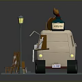 Street Portrait Cart With Decorative Brushes Street Lamp Stone Pavement And Easel Displays