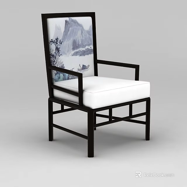 Traditional Chinese Style Chair With Black Frame And Landscape Painting Backrest White Cushion 3d model 