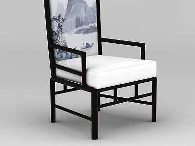 Traditional Chinese Style Chair With Black Frame And Landscape Painting Backrest White Cushion 3d model