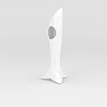 Tech Exhibition Hall Showcasing Modern White Sculpture With Circular Hole And Streamlined Design