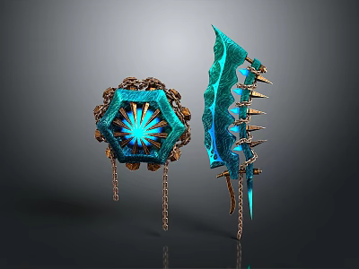 Fantasy Blue Glowing Weapon Set With Golden Decorations Chains And Spikes 3d model