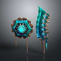 Fantasy Blue Glowing Weapon Set With Golden Decorations Chains And Spikes