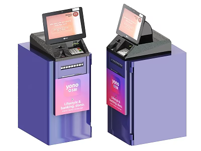 Two Purple Business Equipment With Self Service Lottery Bill Payment And Touch Screen 3d model
