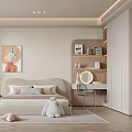 Modern Bedroom Interior With Beige Walls Bedside Painting And Pink Gray Pillows
