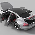Silver Sports Car With Open Doors Hood And Red Interior Seats