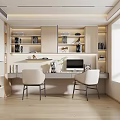 Modern Study Room Interior With Wooden Bookshelves Desk And Two Chairs