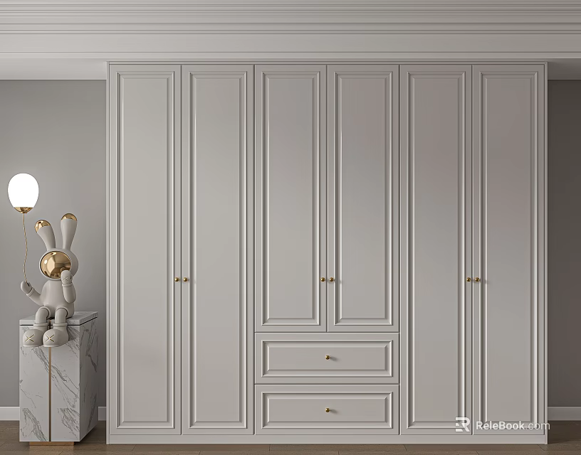 Elegant Modern White Wardrobe With Paneled Doors Drawers And Brass Handles 3d model 
