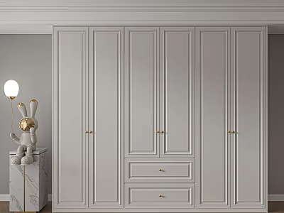 Elegant Modern White Wardrobe With Paneled Doors Drawers And Brass Handles 3d model