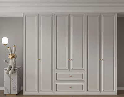 Elegant Modern White Wardrobe With Paneled Doors Drawers And Brass Handles 3d model
