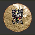All Terrain Vehicle Model With Helmeted Rider On Circular Sand Platform Wooden Edge Gray Background