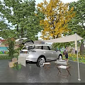 Garden Landscape With Green Trees Yellow Leaf Tree White Sunshade Rattan Chairs And Open SUV