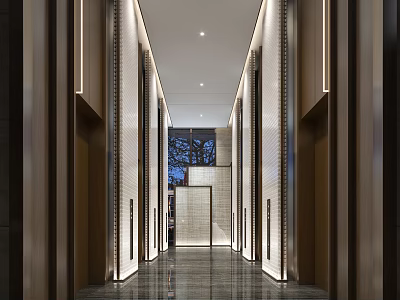 Contemporary Elevator Lobby Interior With Recessed Lighting Polished Marble Floors And Wooden Accents 3d model