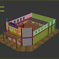 Western Style Wooden Saloon Building Model With Veranda Wooden Floor And Red Trim