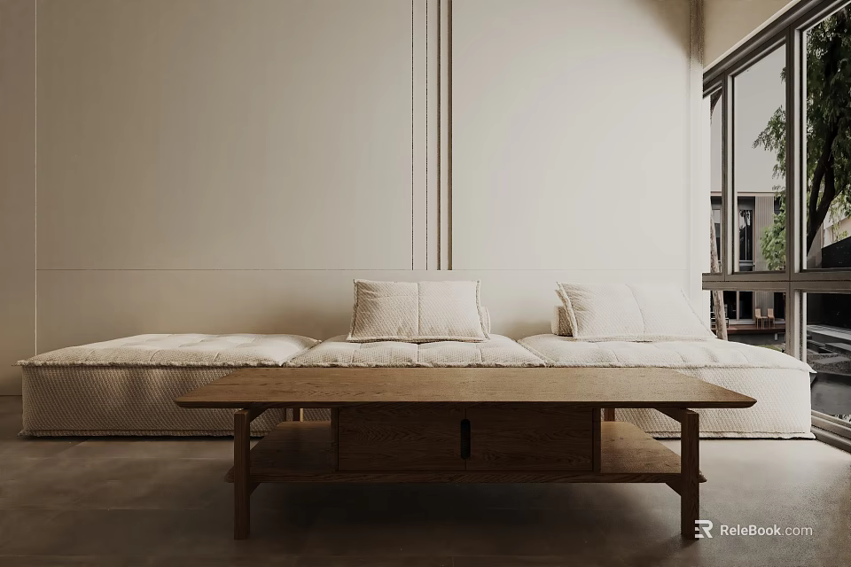 Light Colored Three Seater Sofa With Plush Pillows And Wooden Coffee Table In Minimalist Interior 3d model 