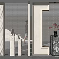 Modern Interior Partition Design With Striped Panels Marble Bases And Red Flower Decor