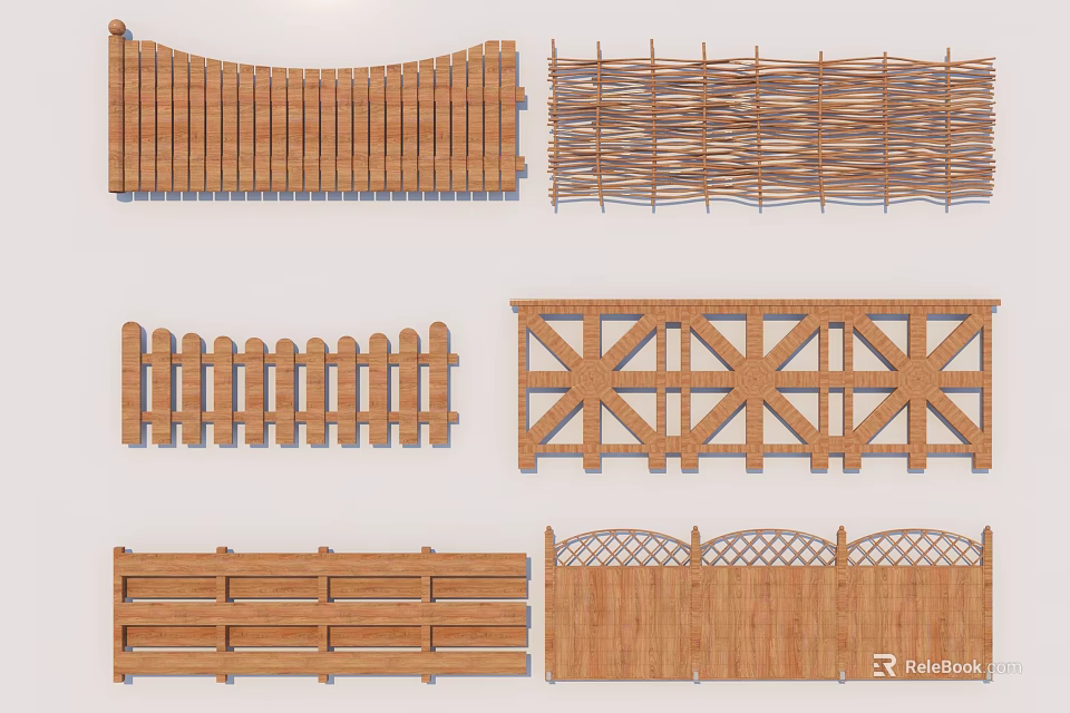 Different Types Of Wooden Fences With Woven Picket And Decorative Patterns 3d model 