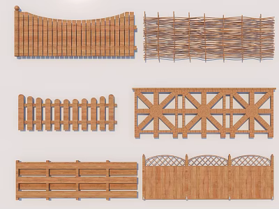 Different Types Of Wooden Fences With Woven Picket And Decorative Patterns 3d model