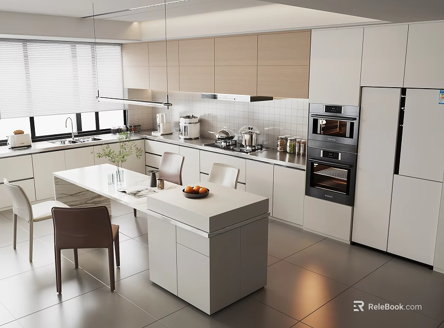 Modern Kitchen Interior Design With Island Counter Appliances And Dining Chairs 3d model 