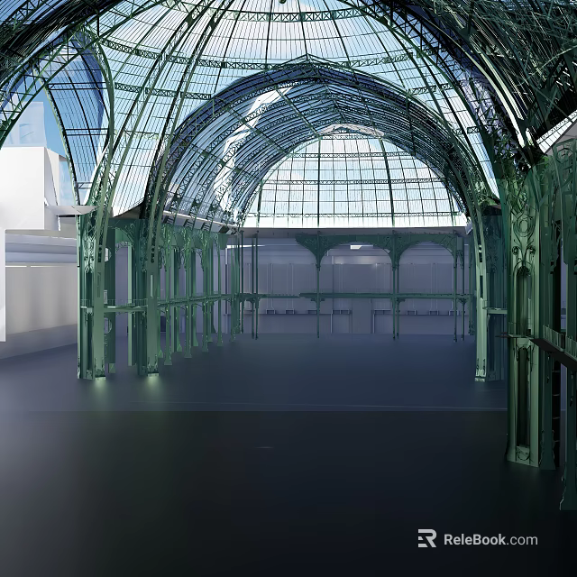 Light Filled Museum Building Featuring Glass Vault And Green Metal Interior Framework 3d model 