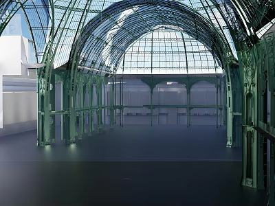 Light Filled Museum Building Featuring Glass Vault And Green Metal Interior Framework 3d model