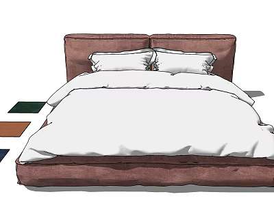 Cozy Double Bed With Brown Headboard White Bed Sheets And Pillows Near Colored Fabric Samples 3d model