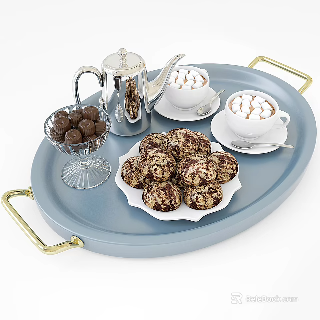 Delicious Food On Blue Tray With Silver Teapot Hot Drinks Marshmallows Chocolate Truffles And Cookies 3d model 