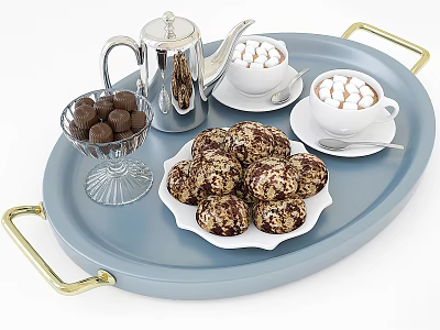Delicious Food On Blue Tray With Silver Teapot Hot Drinks Marshmallows Chocolate Truffles And Cookies 3d model