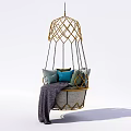 Stylish Cozy Hanging Chair With Golden Woven Frame Colorful Cushions And Soft Blanket