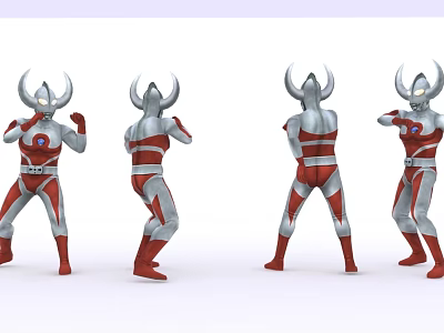 Ultraman Game And Movie Character In Red White Costume With Horned Head Different Poses 3d model