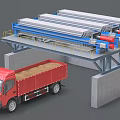 Industrial Conveyor Equipment With Yellow Guardrails And Red Truck Loading Granular Material