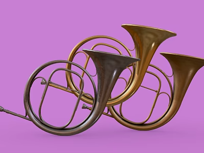 Musical Instruments And Art Supplies With Golden Copper French Horns On Purple Background 3d model