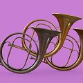 Musical Instruments And Art Supplies With Golden Copper French Horns On Purple Background
