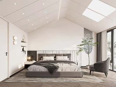 White Sloped Ceiling Bedroom Interior With Skylight Grey Bed Green Plant And Geometric Rug 3d model