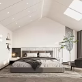 White Sloped Ceiling Bedroom Interior With Skylight Grey Bed Green Plant And Geometric Rug