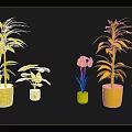 Golden Potted Plants With Different Sizes And Golden Leaves On Black Background