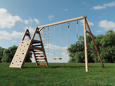 Outdoor Kids Play Area With Wooden Climbing Frame Ladder And Swings On Green Grass Field 3d model