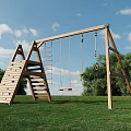 Outdoor Kids Play Area With Wooden Climbing Frame Ladder And Swings On Green Grass Field