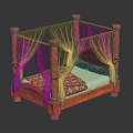 Elegant Four Poster Double Bed With Wooden Posts Black Canopy And Patterned Bedding