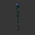 Enchanted Magic Staff With Blue Dragon Head Green Spiral Patterns And Brown Wooden Base