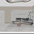 Elegant Modern Beauty Salon Reception With Skin Care Sign Decorative Lights And Display Shelves