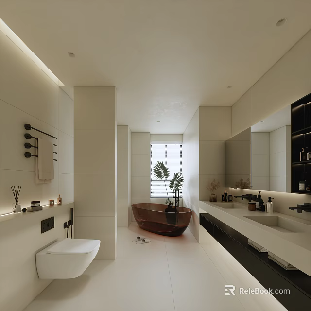 Modern Bathroom Interior Design With Freestanding Bathtub Double Vanity Mirror And Plants 3d model 