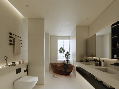 Modern Bathroom Interior Design With Freestanding Bathtub Double Vanity Mirror And Plants 3d model