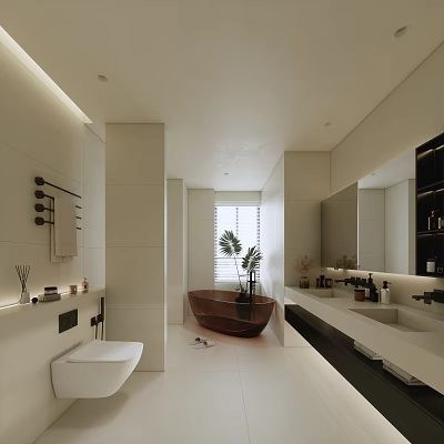 Modern Bathroom Interior Design With Freestanding Bathtub Double Vanity Mirror And Plants 3d model
