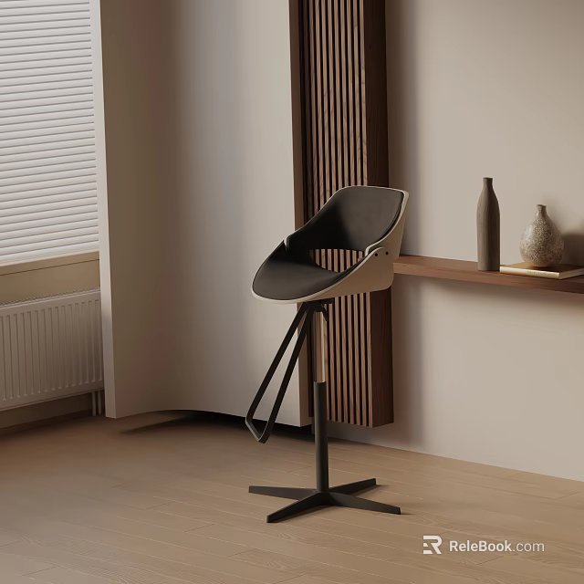 Sleek Modern Bar Stool With Black Frame And Leather Seat Near Wooden Shelf Vases 3d model 