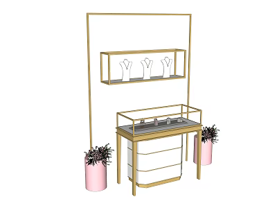 Elegant Golden Display Cabinet Shelf With White Hand Models Glass Case Drawers And Pink Pots 3d model