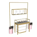 Elegant Golden Display Cabinet Shelf With White Hand Models Glass Case Drawers And Pink Pots