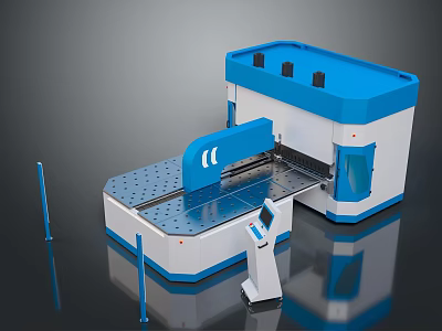 Blue and White Industrial Machine with Large Worktable Control Panel and Support Pillars 3d model