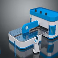 Blue and White Industrial Machine with Large Worktable Control Panel and Support Pillars 3d model