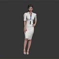Elegant Woman in White Dress With Lanyard ID Standing Against Gray Background Wearing High Heels